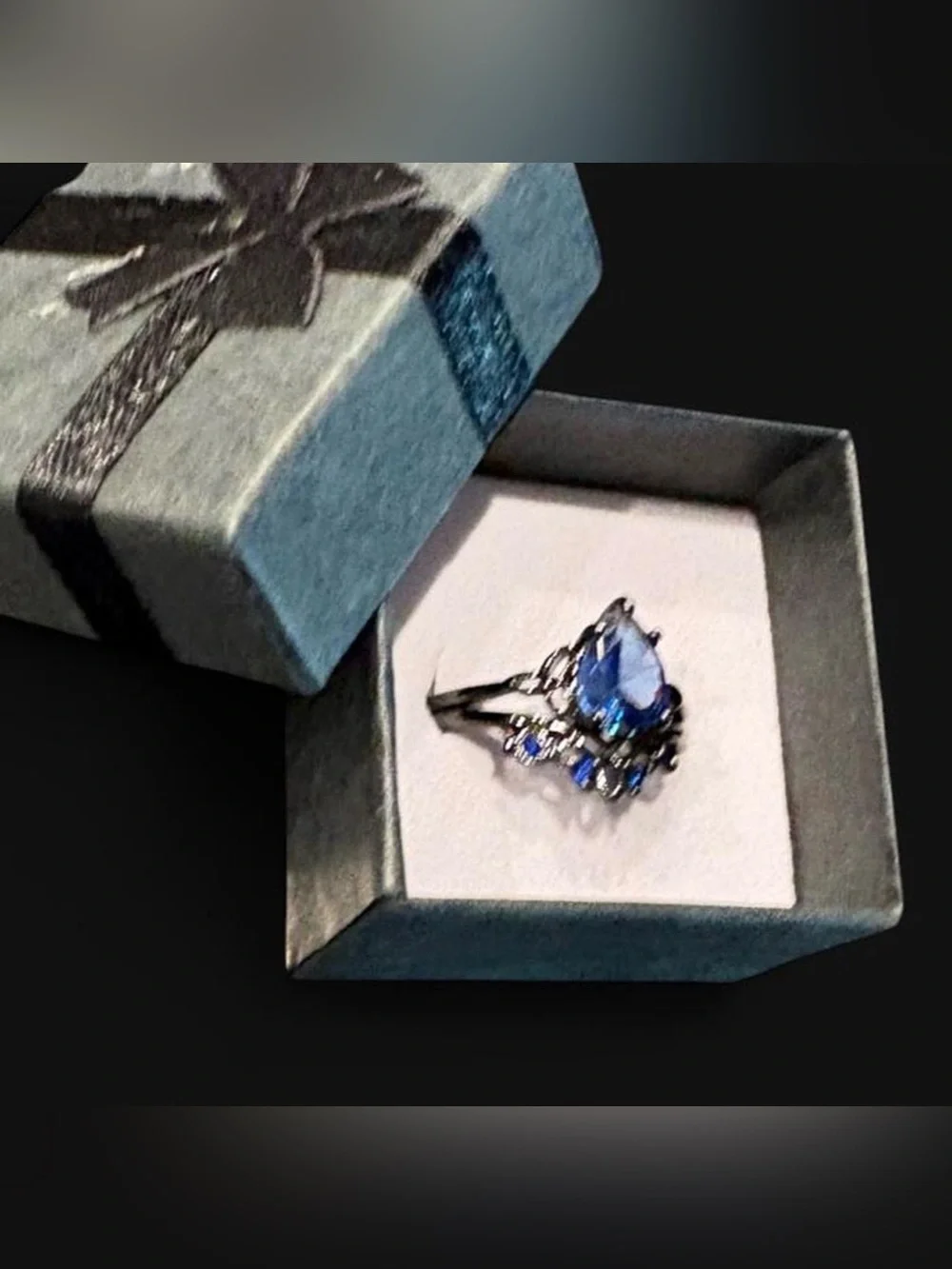Blue Teardrop Cubic Zirconia Statement Ring - Set in Black